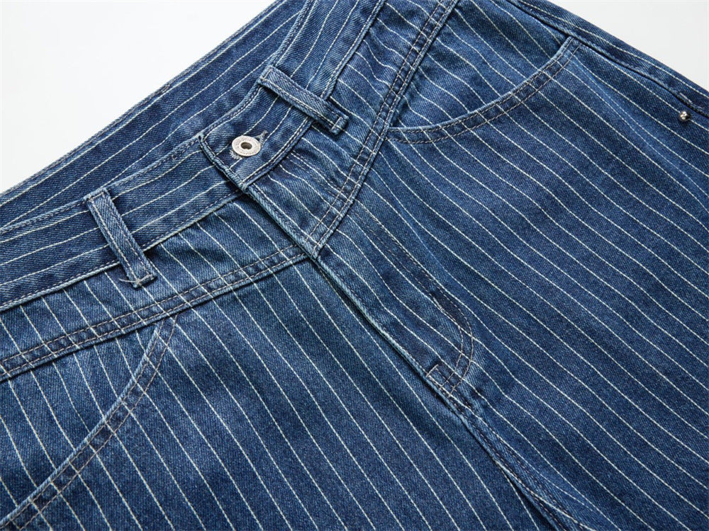 Men's Blue and White Striped Pants Wide-Leg Jeans with Rivet Side Detail