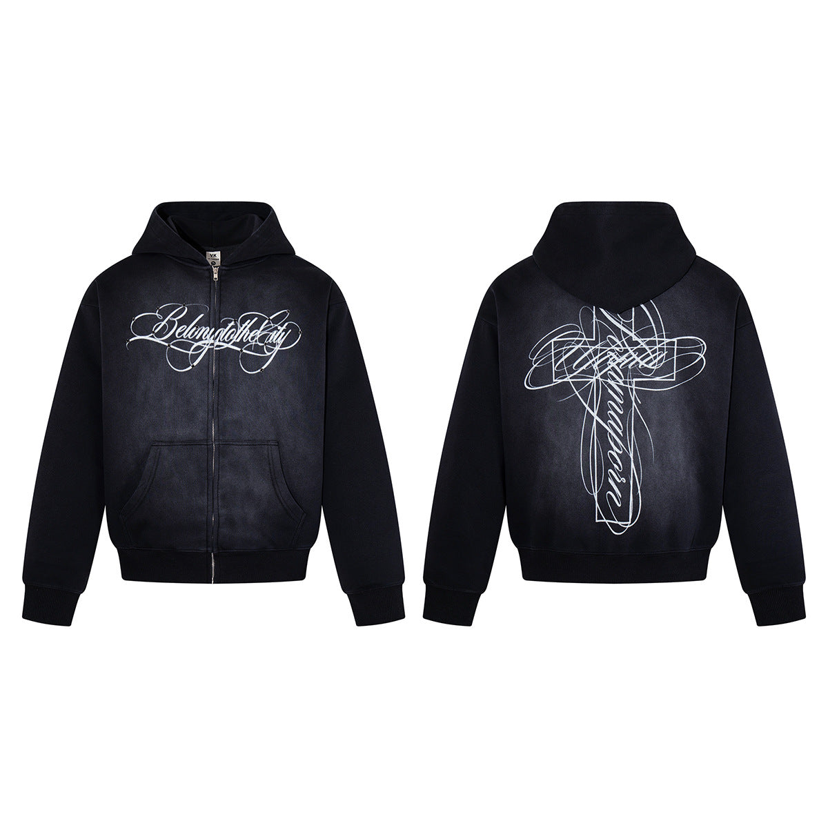Belong to the City Zip-Up Hoodie – Washed Vintage Cross Graphic