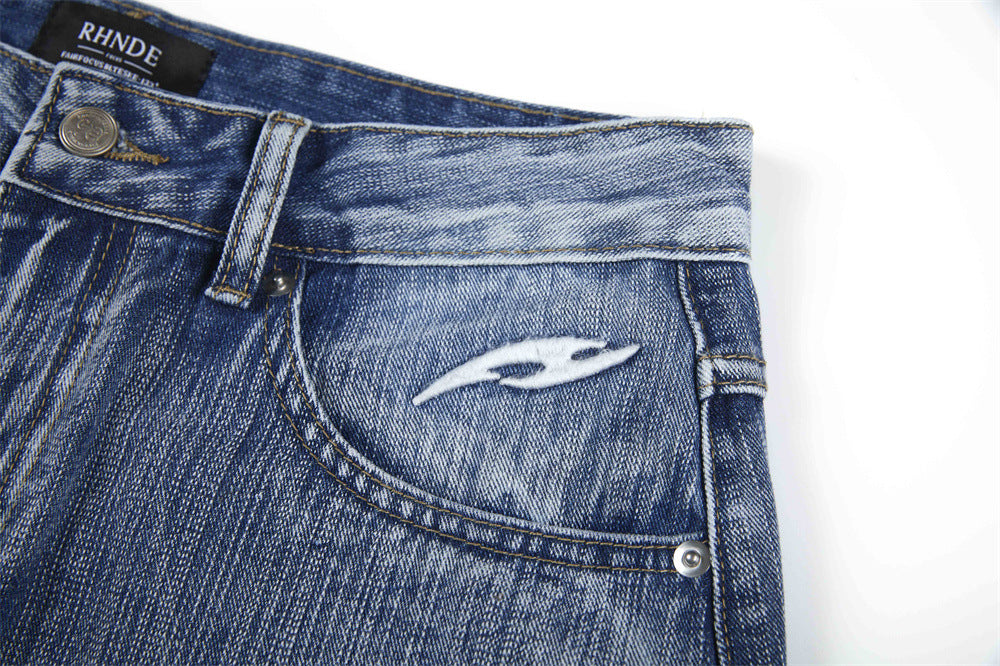 Wide-Leg Jeans Men's Washed Denim with Tribal Wing Graphic Print