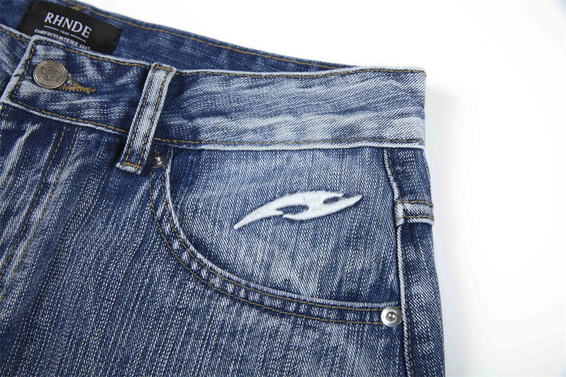 Wide-Leg Jeans Men's Washed Denim with Tribal Wing Graphic Print