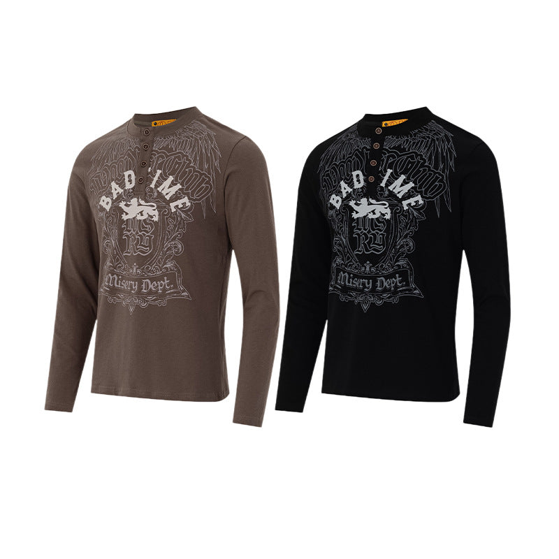 Herren-Langarm-Henley-Shirt mit Gothic-Graphic – Vintage-American-Streetwear-T-Shirt