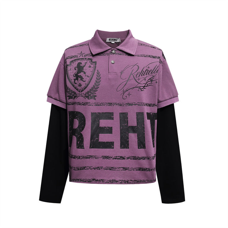 Men's Graphic Print Polo Layered Long-Sleeve Shirt – Streetwear Hip-Hop Style