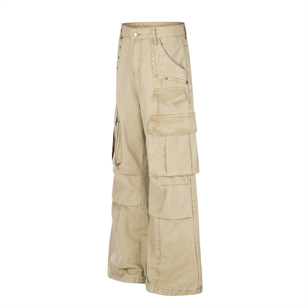 Beige wide-leg cargo pants angled front view with layered flap cargo pockets