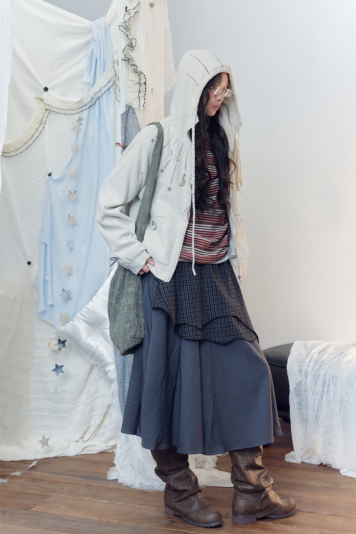 Celestial Moon & Star Embroidered Zip-Up Hoodie Jacket with Hanging Charms