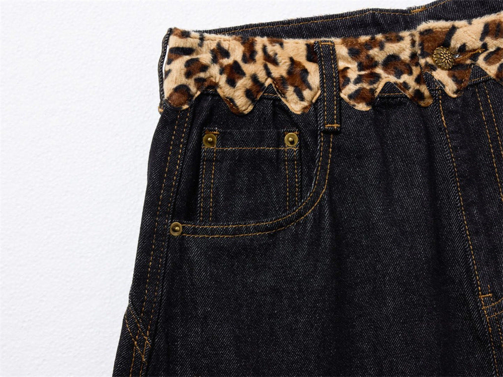 Loose Fit Jeans Men – Black Wide-Leg Denim with Leopard Print Appliqué Patches