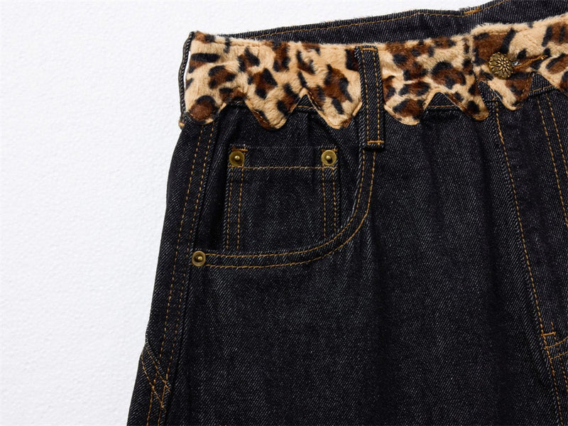 Loose Fit Jeans Men – Black Wide-Leg Denim with Leopard Print Appliqué Patches