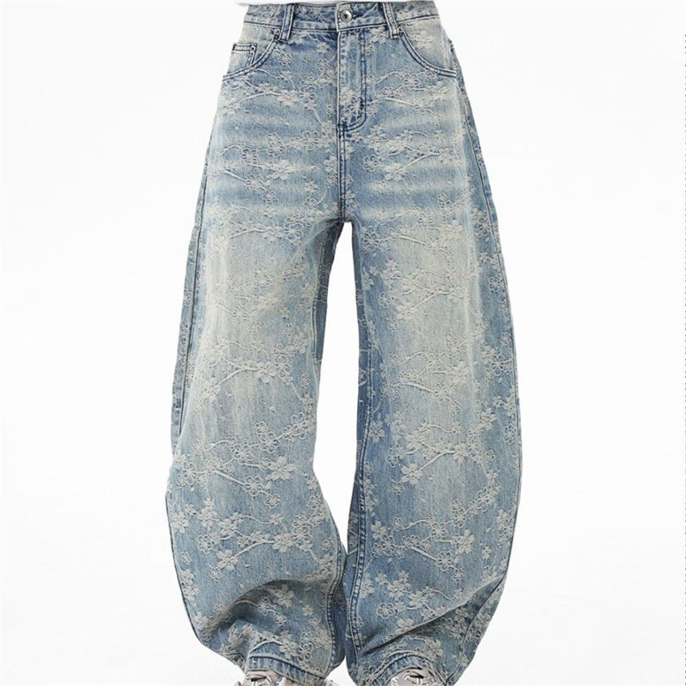 Loose Fit Wide-Leg Jeans – Floral Lace Embroidery, Washed Light Blue Denim