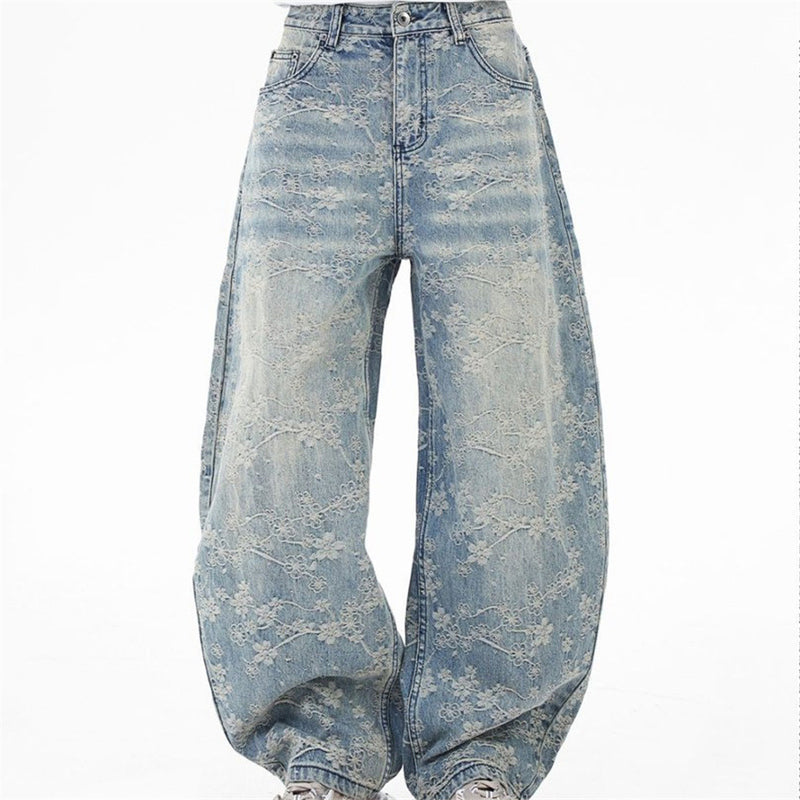 Loose Fit Wide-Leg Jeans – Floral Lace Embroidery, Washed Light Blue Denim
