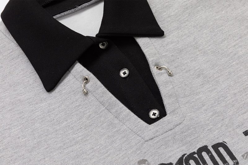 Faux Two-Piece Polo Sweatshirt with Striped Sleeves and Letter Print — Grey