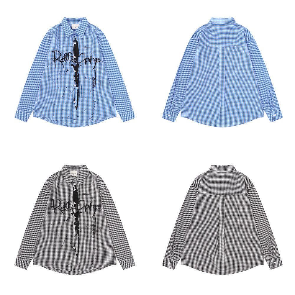 Chemise homme à manches longues en vichy avec imprimé graffiti à l’encre