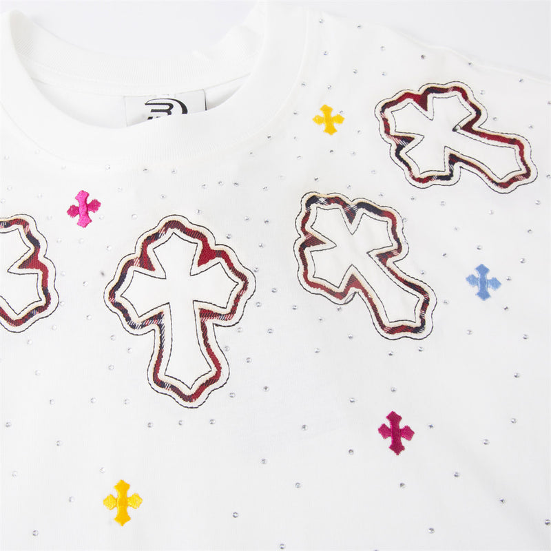 Cross Rhinestone Embroidery Oversized T-Shirt | Streetwear Graphic Tee