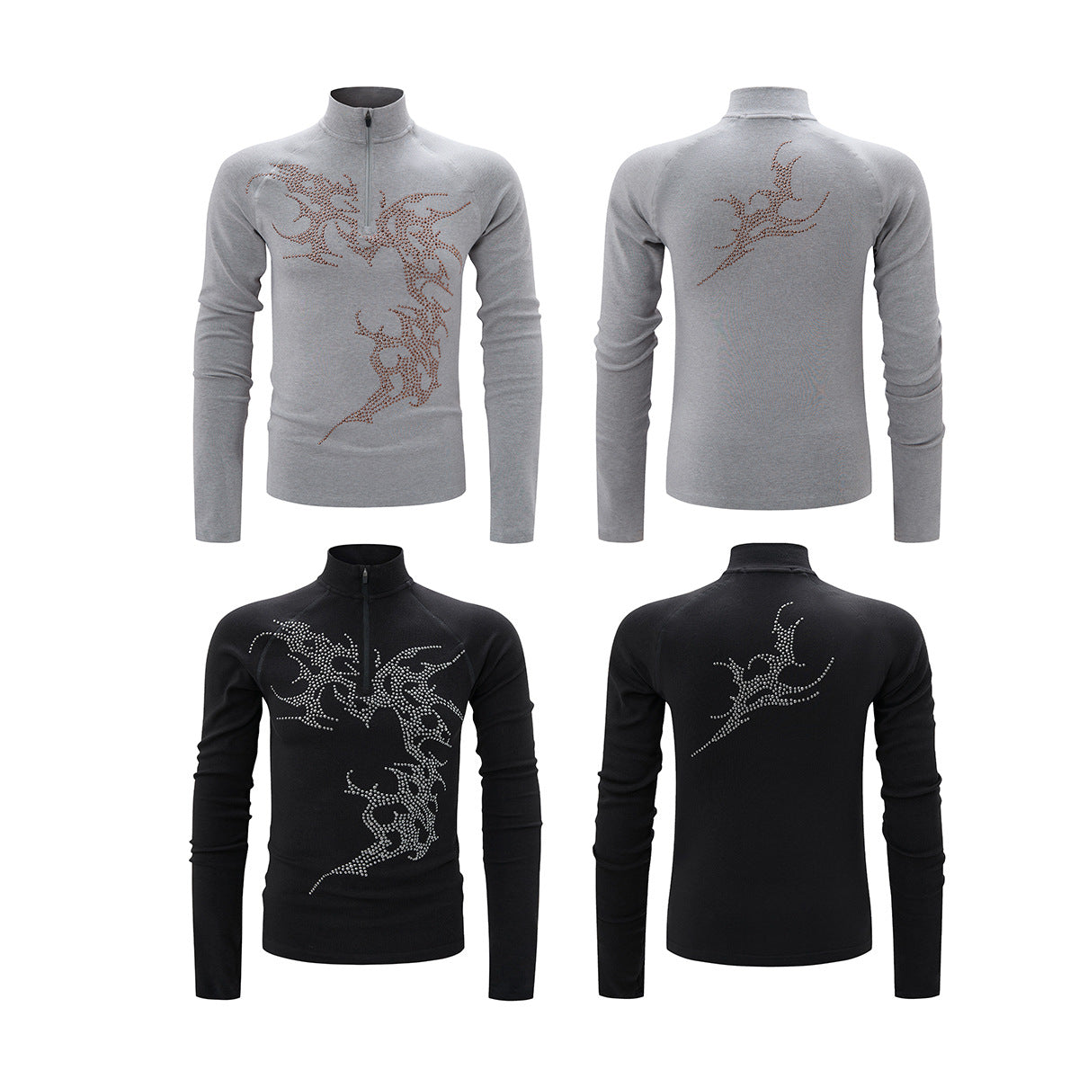 Rhinestone Dragon Mock Neck Quarter-Zip Long Sleeve Shirt