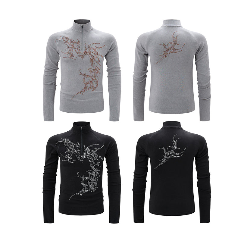 Rhinestone Dragon Mock Neck Quarter-Zip Long Sleeve Shirt