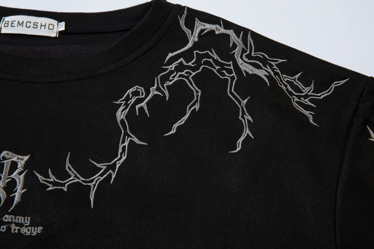 Oversized Gothic-T-Shirt mit Dornenstickerei – Kurzarmshirt im American-Streetwear-Stil