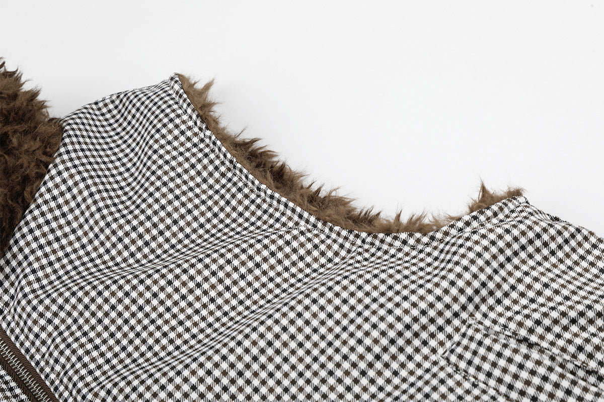 Gilet réversible en polaire teddy et tissu vichy matelassé – Gilet sans manches zippé