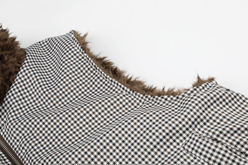 Gilet réversible en polaire teddy et tissu vichy matelassé – Gilet sans manches zippé