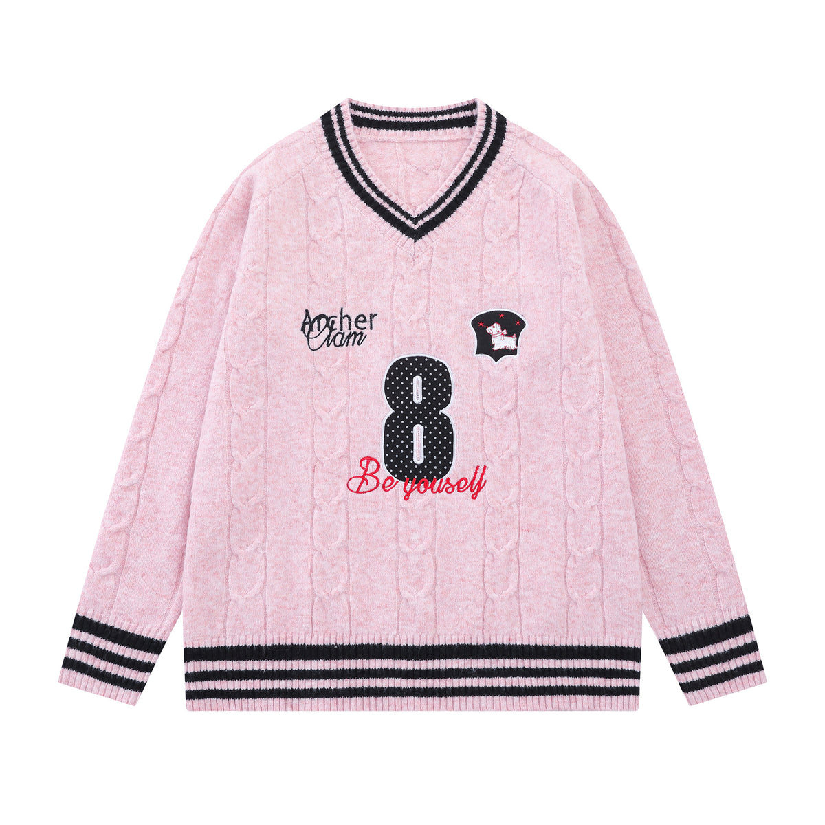 Cable Knit V-Neck Varsity Sweater – Number 8 Collegiate Pullover