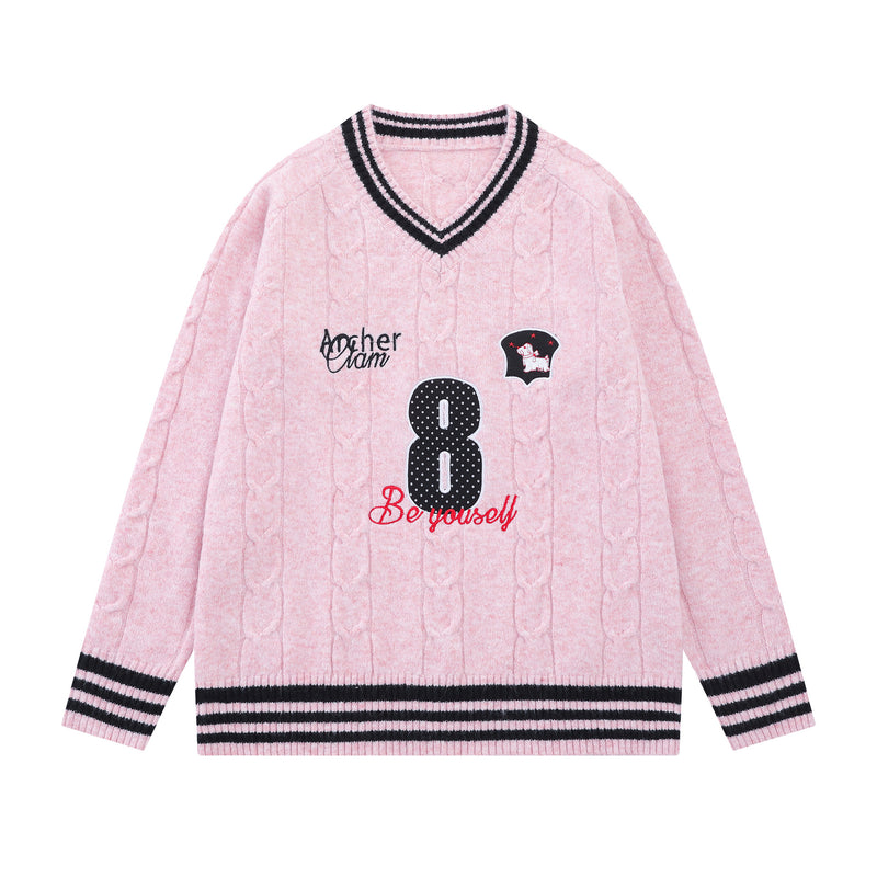 Cable Knit V-Neck Varsity Sweater – Number 8 Collegiate Pullover