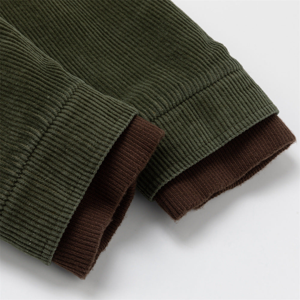 Men's Army Green Corduroy Jacket with Metal Buttons & Layered Hem Detail