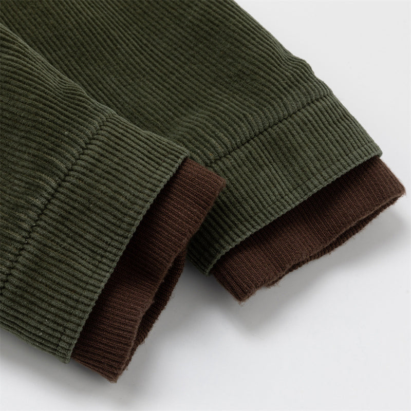 Men's Army Green Corduroy Jacket with Metal Buttons & Layered Hem Detail