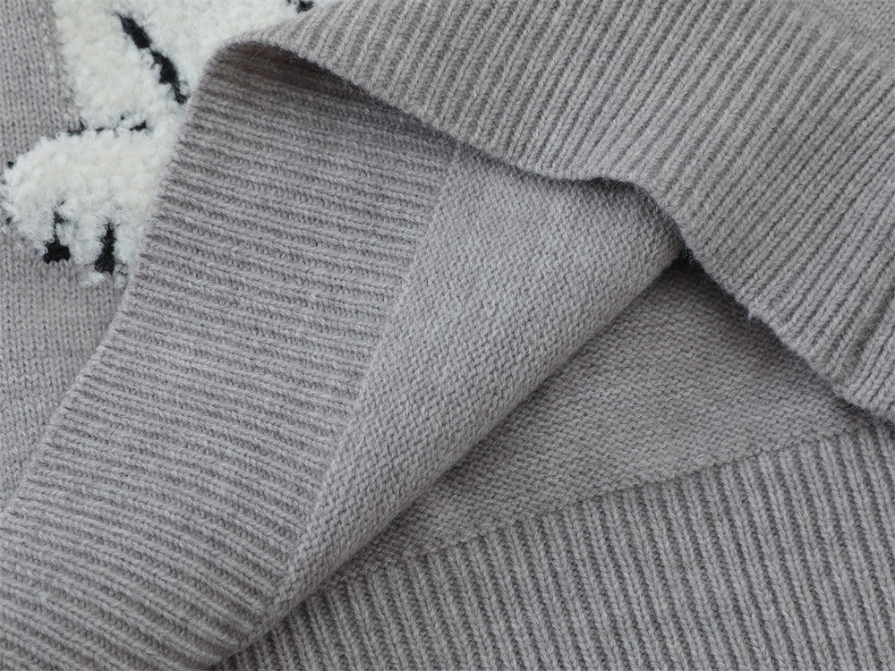 Cartoon Dog Jacquard Crew Neck Sweater – Oversized Knit Pullover