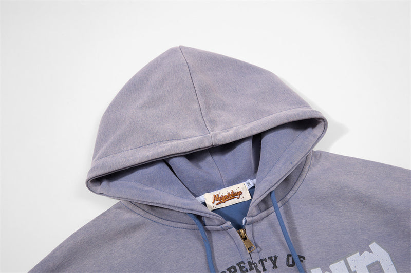 Vintage Graphic Zip-Up Hoodie – Distressed Letter Print, Spray-Dyed Oversized