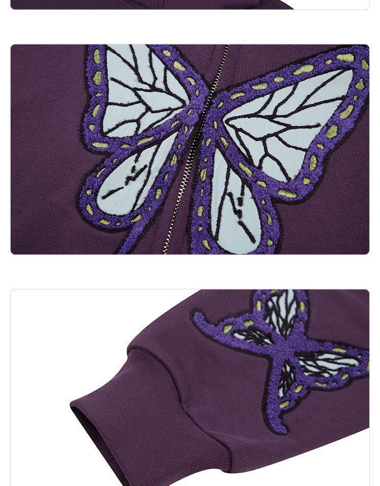 Butterfly Hoodie - 400GSM Oversized Purple and Mint Green Zip-Up Sweatshirt with Ear Design