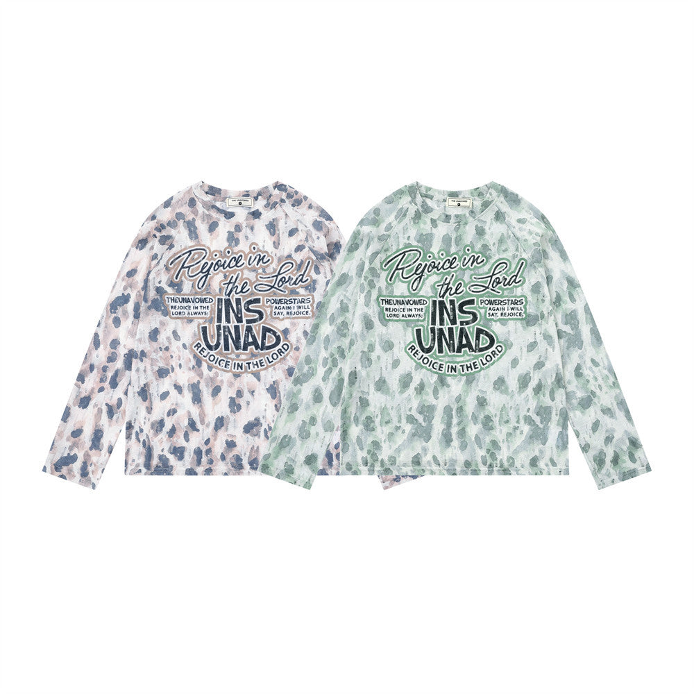 Camiseta gráfica de manga larga con estampado de leopardo – Animal print tie-dye con letras