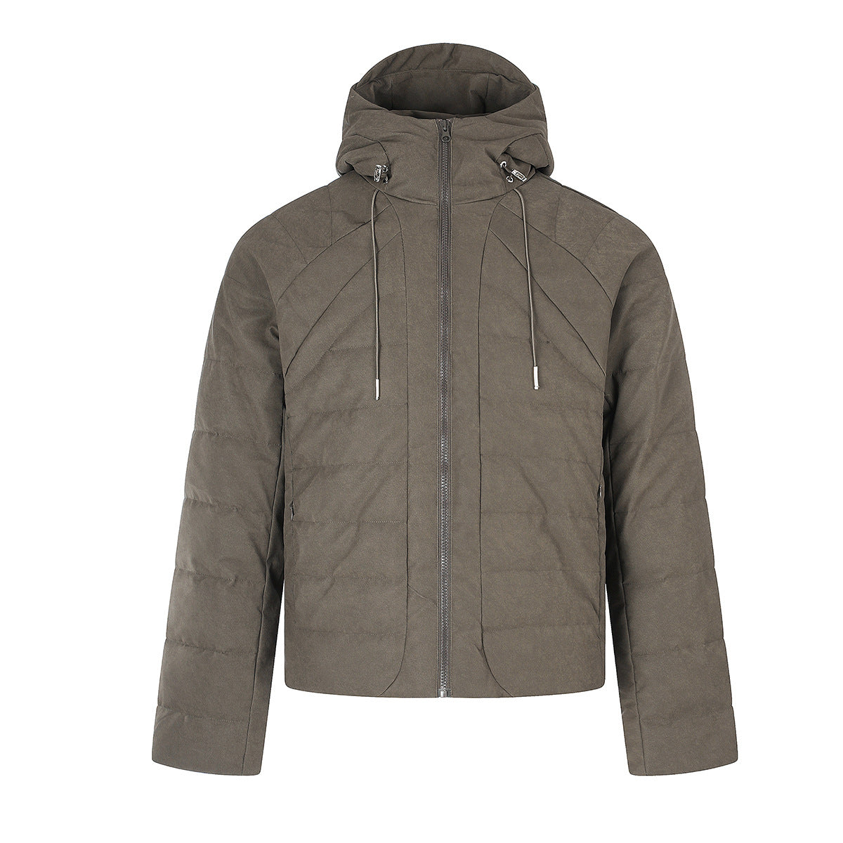 Hooded Quilted Puffer Jacket – Ribbed Panel Down Coat in Olive & Black