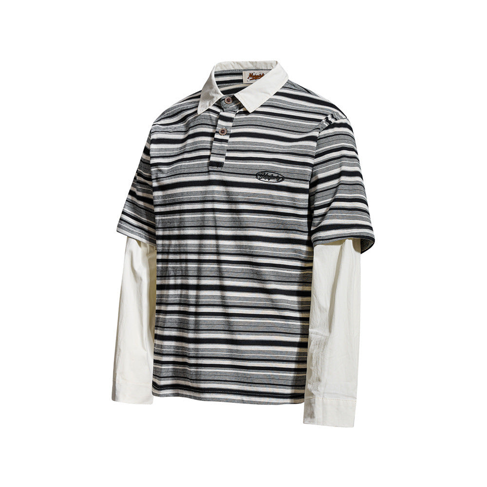 Striped Faux Two-Piece Polo Shirt – Relaxed Fit Long Sleeve with Contrast Woven