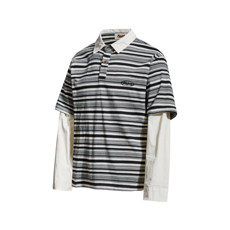 Striped Faux Two-Piece Polo Shirt – Relaxed Fit Long Sleeve with Contrast Woven