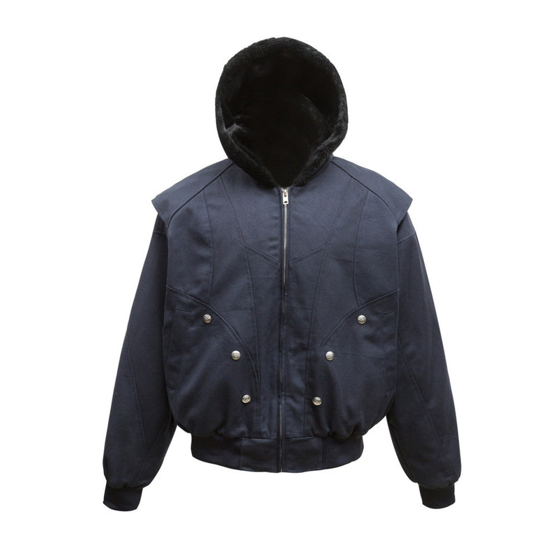 Oversized Hooded Bomber Jacket with Sherpa-Lined Hood & Decorative Buttons