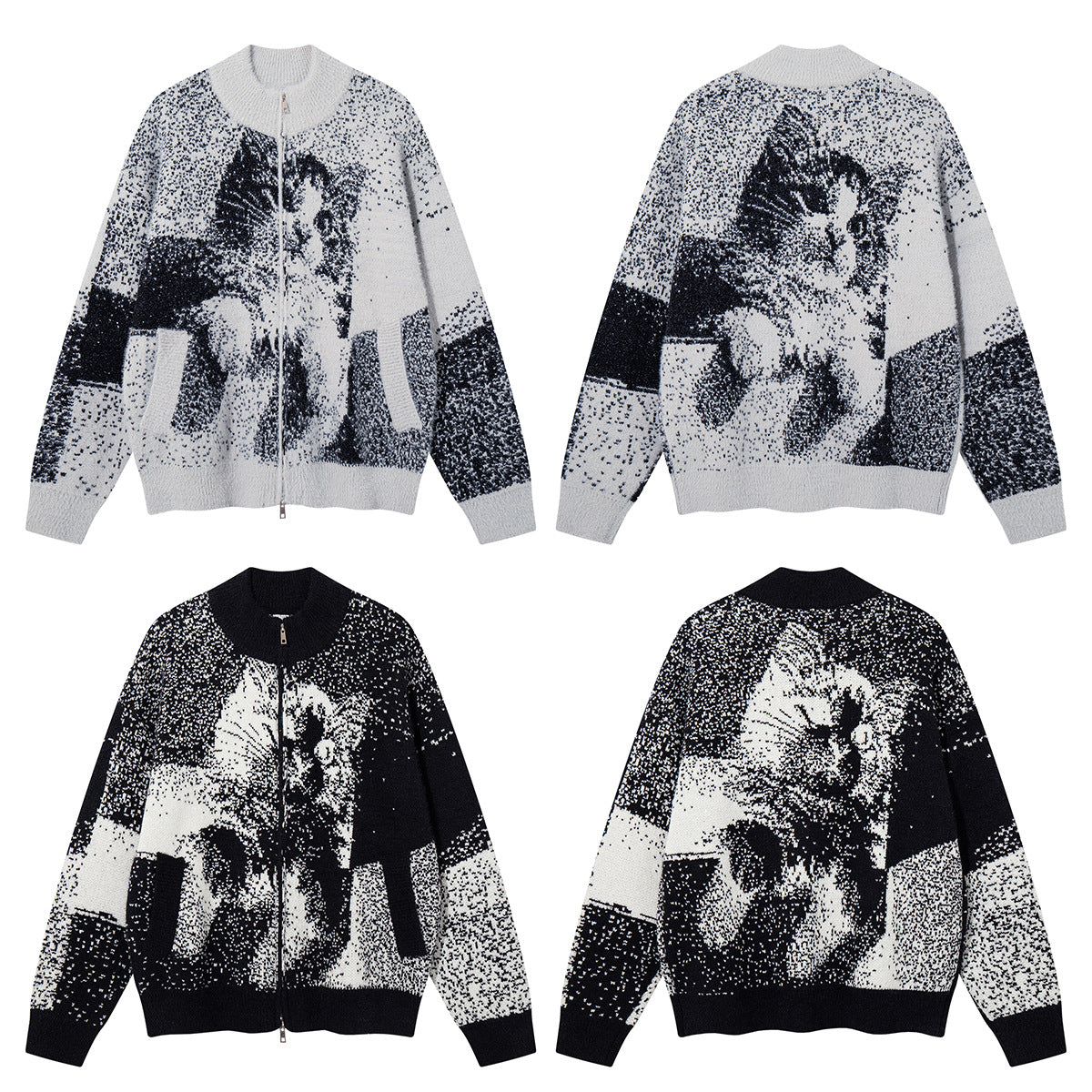 Cat Jacquard Knit Zip-Up Cardigan Sweater – Oversized Pixelated Graphic