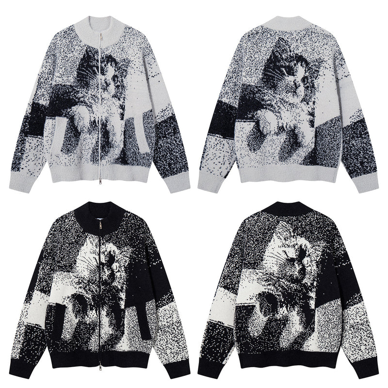 Cat Jacquard Knit Zip-Up Cardigan Sweater – Oversized Pixelated Graphic