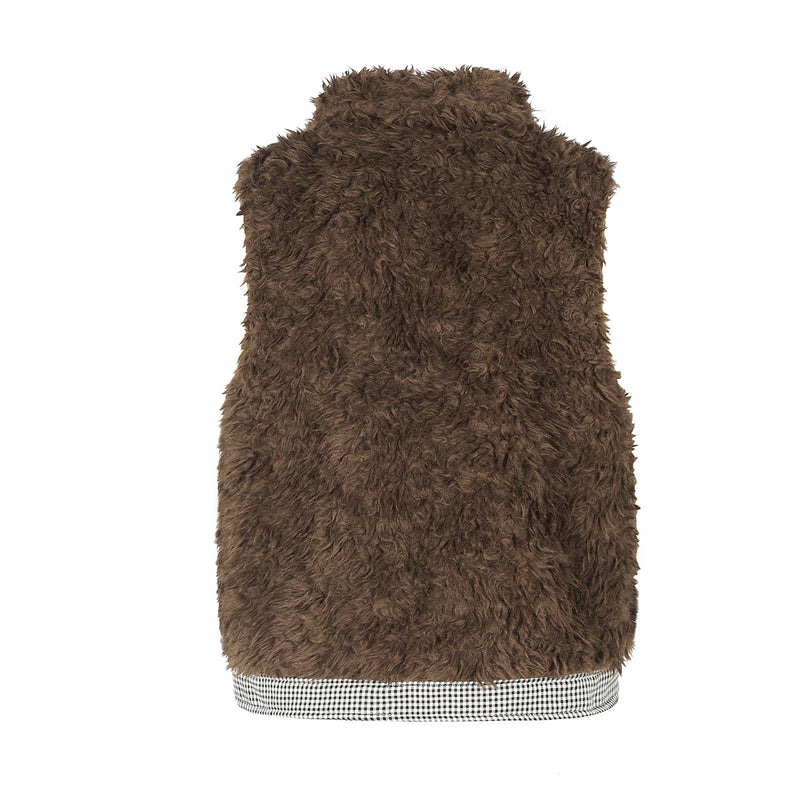 Gilet réversible en polaire teddy et tissu vichy matelassé – Gilet sans manches zippé