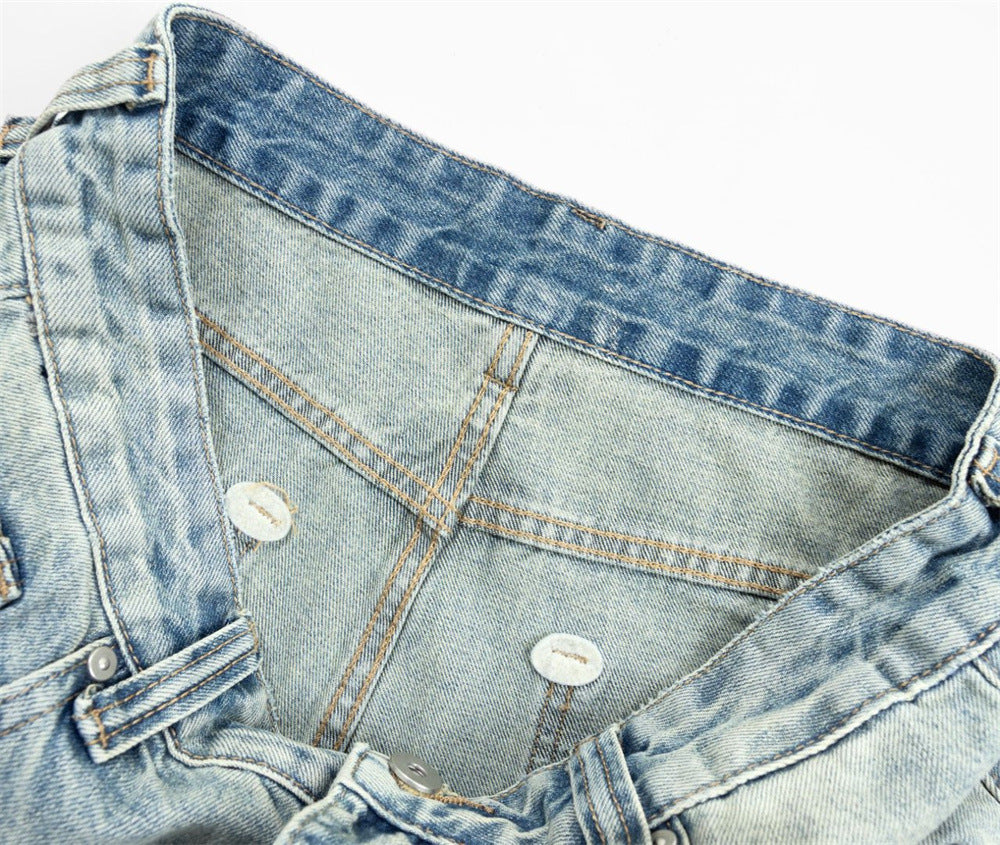 Wide-Leg Distressed Jeans – Light Wash Vintage Ripped Straight Denim