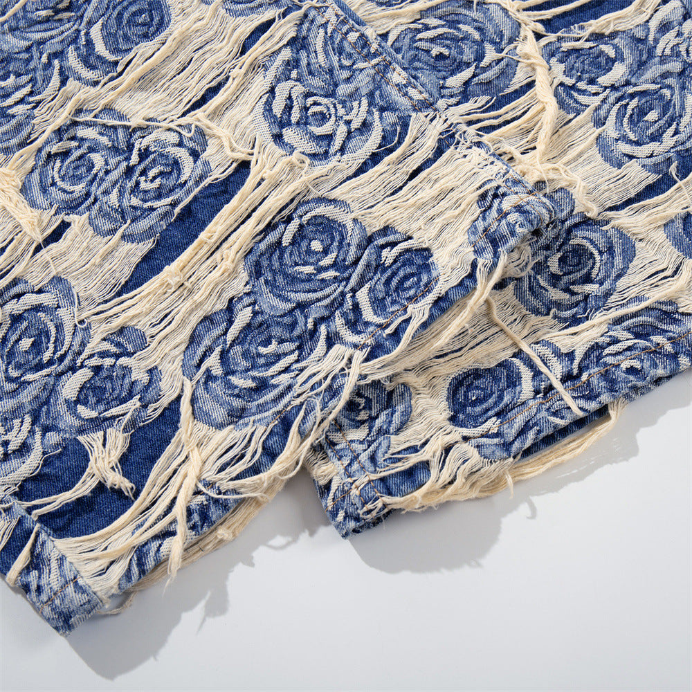 Rose Jacquard Distressed Wide-Leg Jeans – Blue Floral Fringe Denim