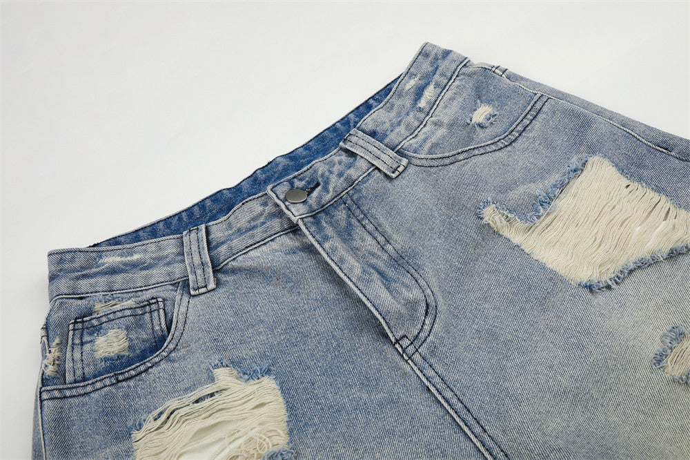 Baggy Jean Shorts Men – Distressed Ripped Denim, Washed Light Blue