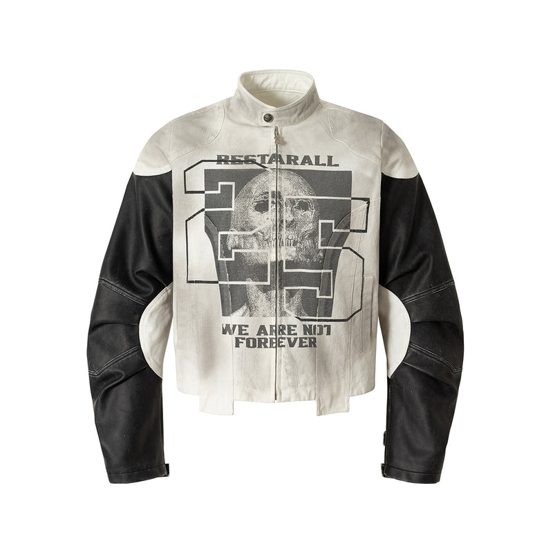 Veste moto à imprimé tête de mort – Blouson biker à col montant et manches bicolores en similicuir PU