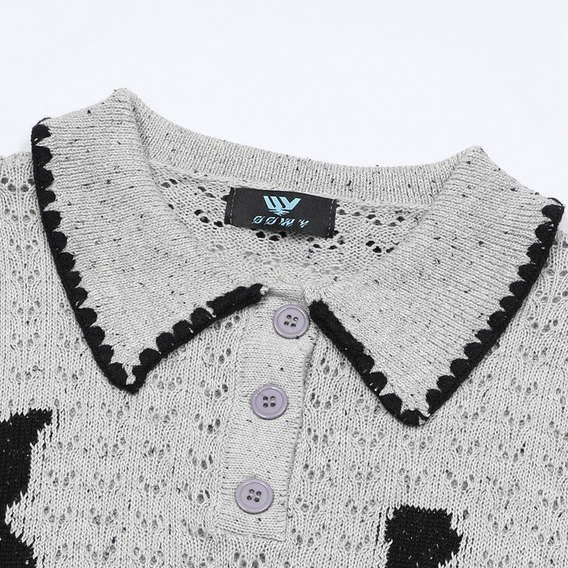 Cat Jacquard Polo Collar Openwork Knit Sweater – Unisex Korean Style