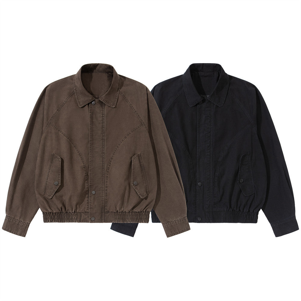 Vintage Washed Workwear Bomber Jacket – Relaxed Fit Snap-Button Harrington