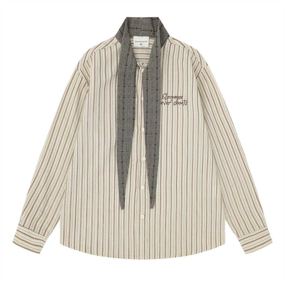 Striped Button-Up Shirt with Contrast Scarf Collar, Oversized Long Sleeve