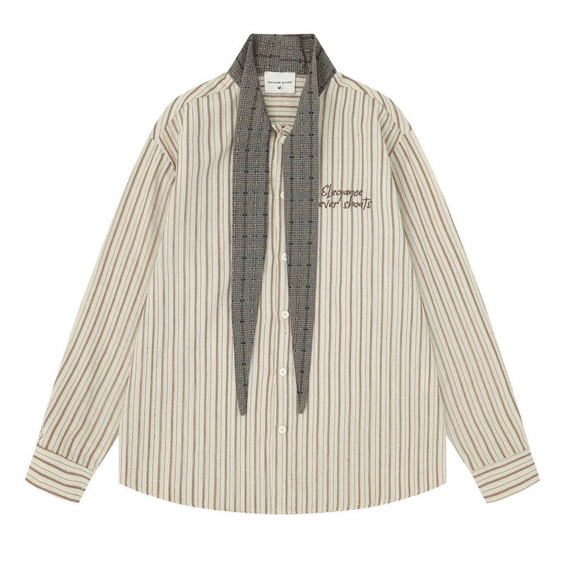 Striped Button-Up Shirt with Contrast Scarf Collar, Oversized Long Sleeve
