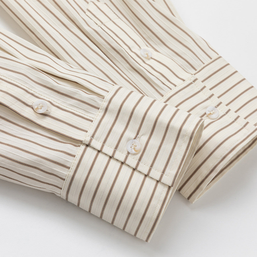 Men's Brown Striped Long Sleeve Shirt – Oversized Double-Layer Collar