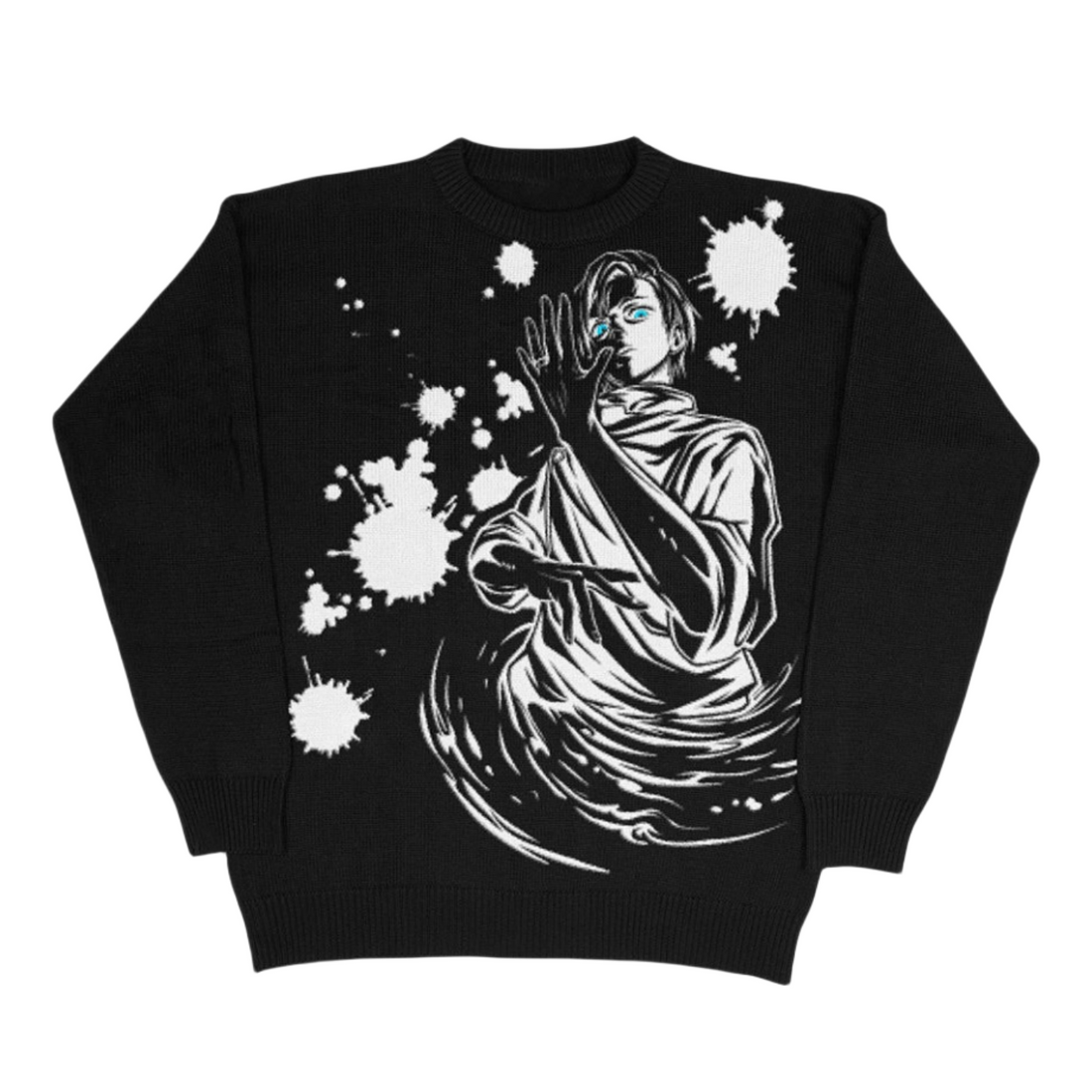 The Premium Yuta Okkotsu-Inspired Knit Sweater by Jujutsu Kaisen showcases a black, high-collared cloak design with stylized graphics of an individual with glasses. It features dynamic lines and paint splatters in white and shades of gray, evoking motion and mysticism.