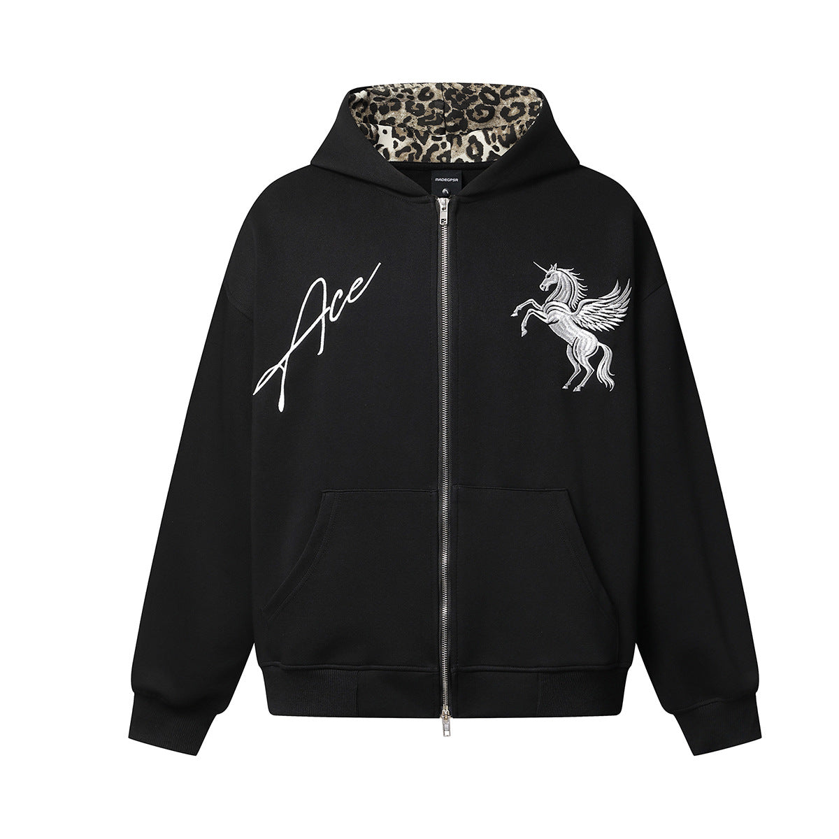 Ace Unicorn Zip-Up Hoodie & Wide-Leg Sweatpants Set with Leopard-Print Lining