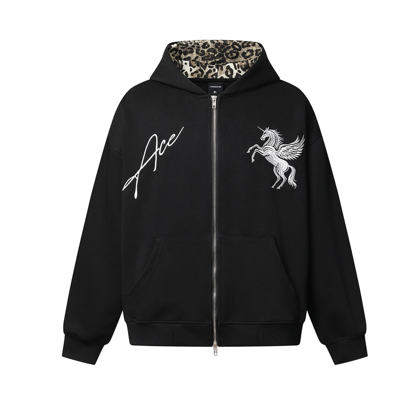 Ace Unicorn Zip-Up Hoodie & Wide-Leg Sweatpants Set with Leopard-Print Lining