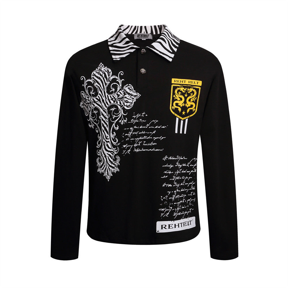 Men's Long Sleeve Polo Shirt with Baroque Cross Print & Zebra Collar