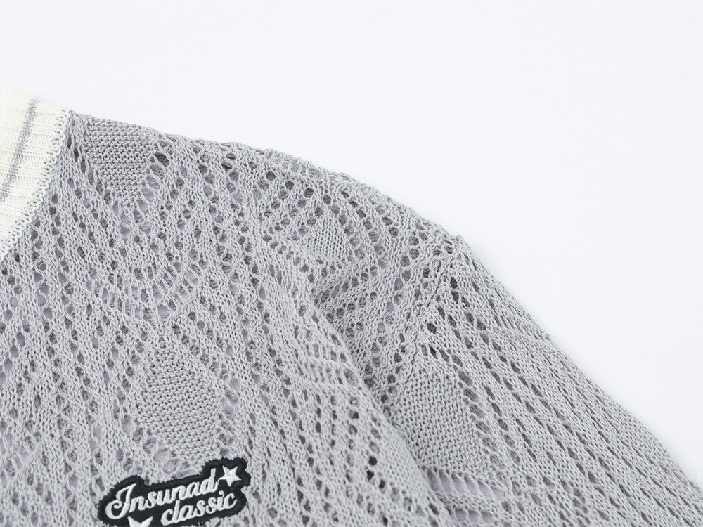 Cardigan en maille ajourée à col rond pour homme – Texture losanges, coupe décontractée