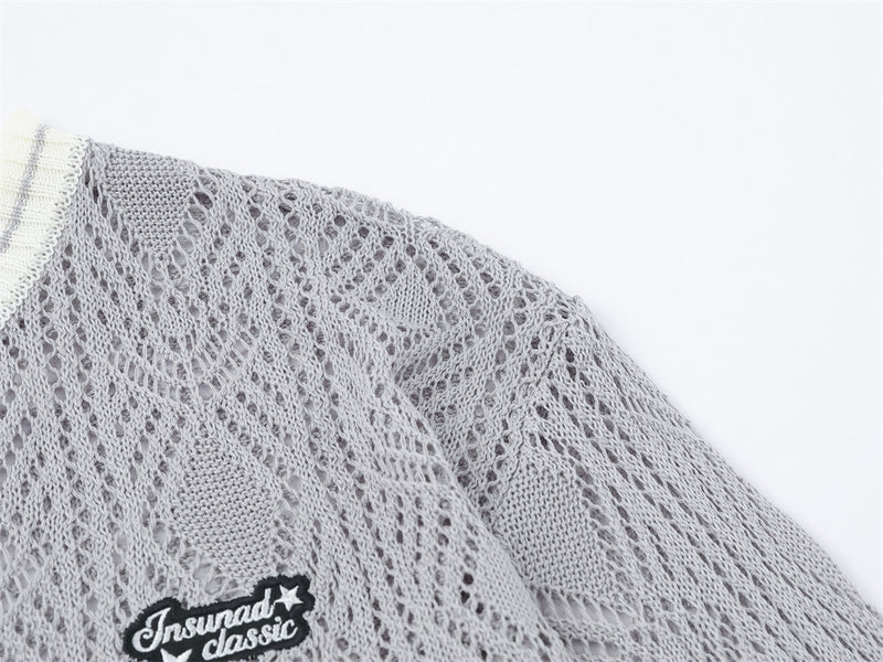 Cardigan en maille ajourée à col rond pour homme – Texture losanges, coupe décontractée